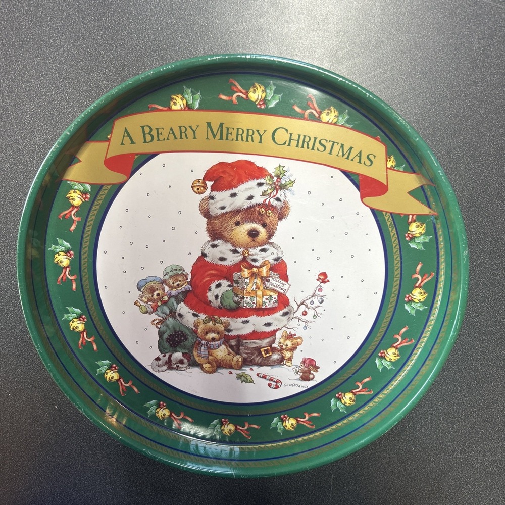 Christmas Tin Cookie Tray Vintage‎ 90s Metal Round Tray Teddy Bear Beary Merry